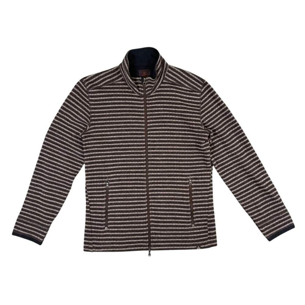 Prana Mens Wool Blend Full Zip Sweater Jacket Brown Striped Mock Neck Medium
